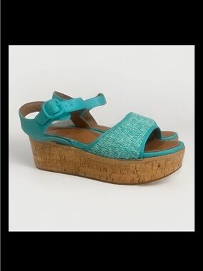 Fitflop Eloise Leather & Raffia Woven Back Strap Wedge Sandal TAHITI Blue 10